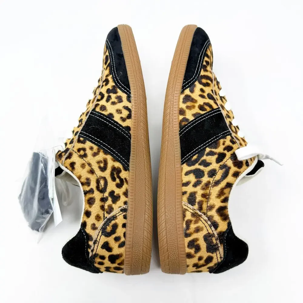 NWT J. Crew Black/Tan Calf Hair Leopard Print Casual Sneakers Women's 7 Lace Up
